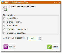 Frame to create a filter on annotation durations. In that case, filtering annotations that are during more that 80 ms