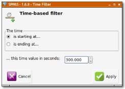 Frame to create a filter on annotation time values. In that case, filtering annotations that are starting after the 5th minute.