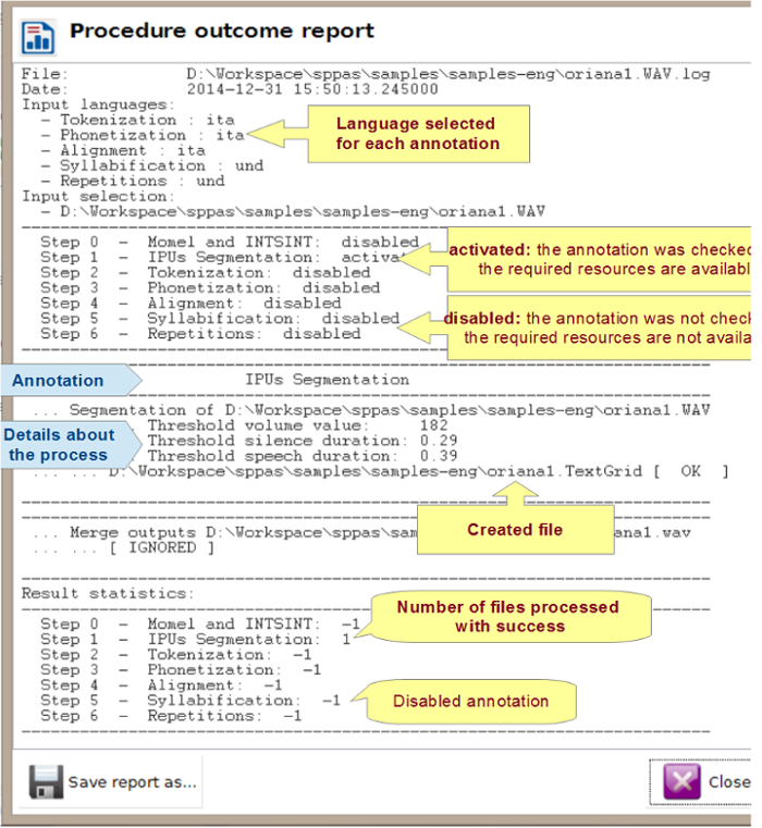 Procedure outcome report